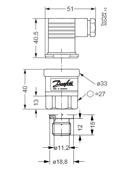 Размеры преобразователя MBS 1700/1750 G 1⁄4” DIN3852-E