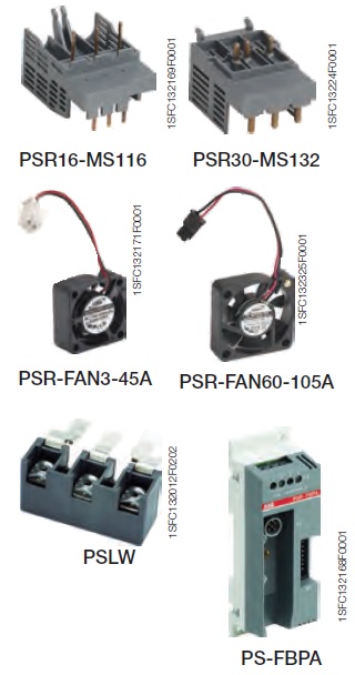 Аксессуары для устройства плавного пуска ABB PSR. соединительный комплект PSR16-MS116, PSR30-MS132.Вентиляторы PSR-FAN-45A, PSR-FAN60-105A. Блок расширения контактов PSLW-72.Адаптер промышленной шины FiledBusPlug PS-FBPA.
