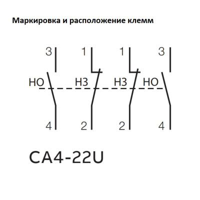 Четырехполюсные дополнительные контакты ABB CA4-22U Маркировка и расположение клемм