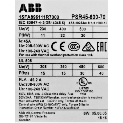 Устройство плавного пуска ABB PSR45-600-70 маркировка аппарата