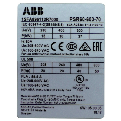Устройство плавного пуска ABB 1SFA896112R7000 PSR60-600-70 маркировка аппарата