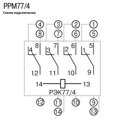 Разъем IEK РРМ77/4 (PTF14A) для реле РЭК77/4(LY4). Схема подключения.
