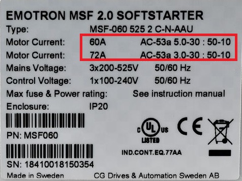 маркировка аппарата Emotron MSF-60 10 пусков в час, нагрузочный коэффициент 50%, 60 Ампер, пятикратный пусковой ток в течение 30 секунд, категория применения AC53a