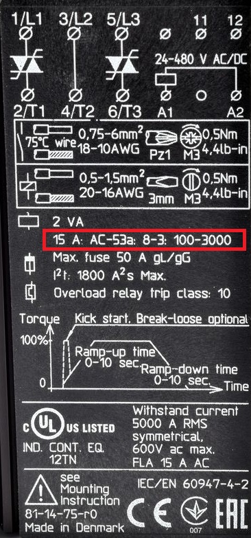 маркировка аппарата Danfoss CI-Tronic aka MCD100 3000 пусков в час, нагрузочный коэффициент 100%, 15 Ампер, восмикратный пусковой ток в течение 3 секунды, категория применения AC53a