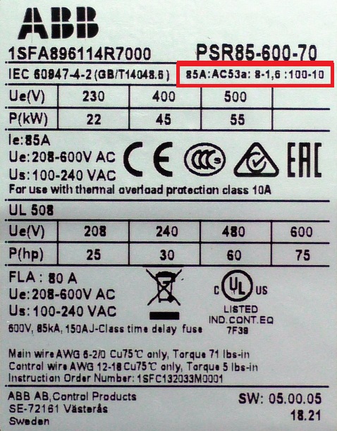 маркировка аппарата ABB PSR85 10 пусков в час, нагрузочный коэффициент 100%, 85 Ампер, восмикратный пусковой ток в течение 1,6 секунды, категория применения AC53a