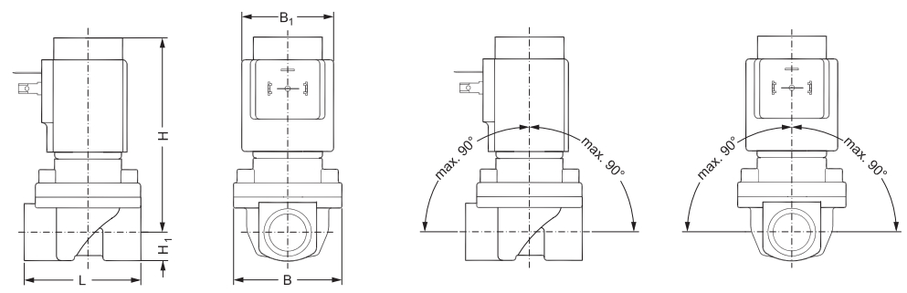 Размеры, масса и угол установки клапана EV250B