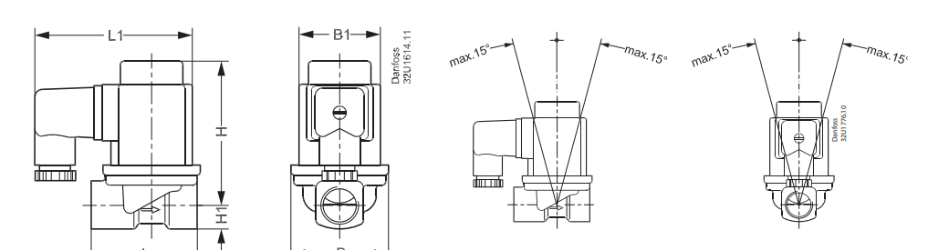 Размеры, масса и угол установки клапана EV251B